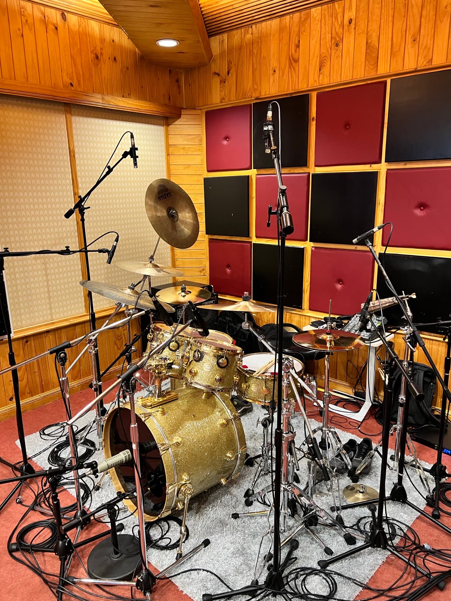 Fully miked DW kit in the studio